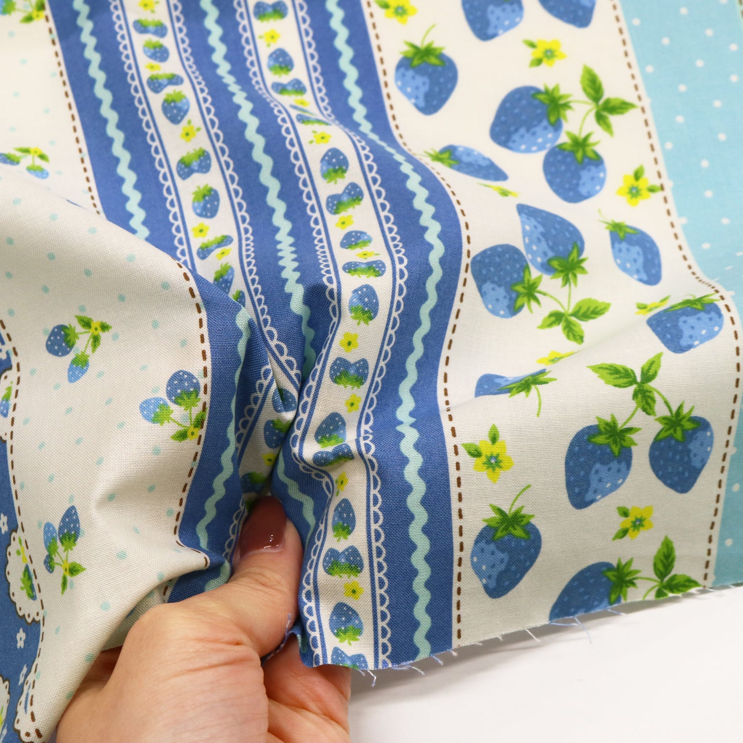 Atsuko_Matsuyama_Happy_Messages_30_s_Strawberries Blue_Japanese_Import_Fabric