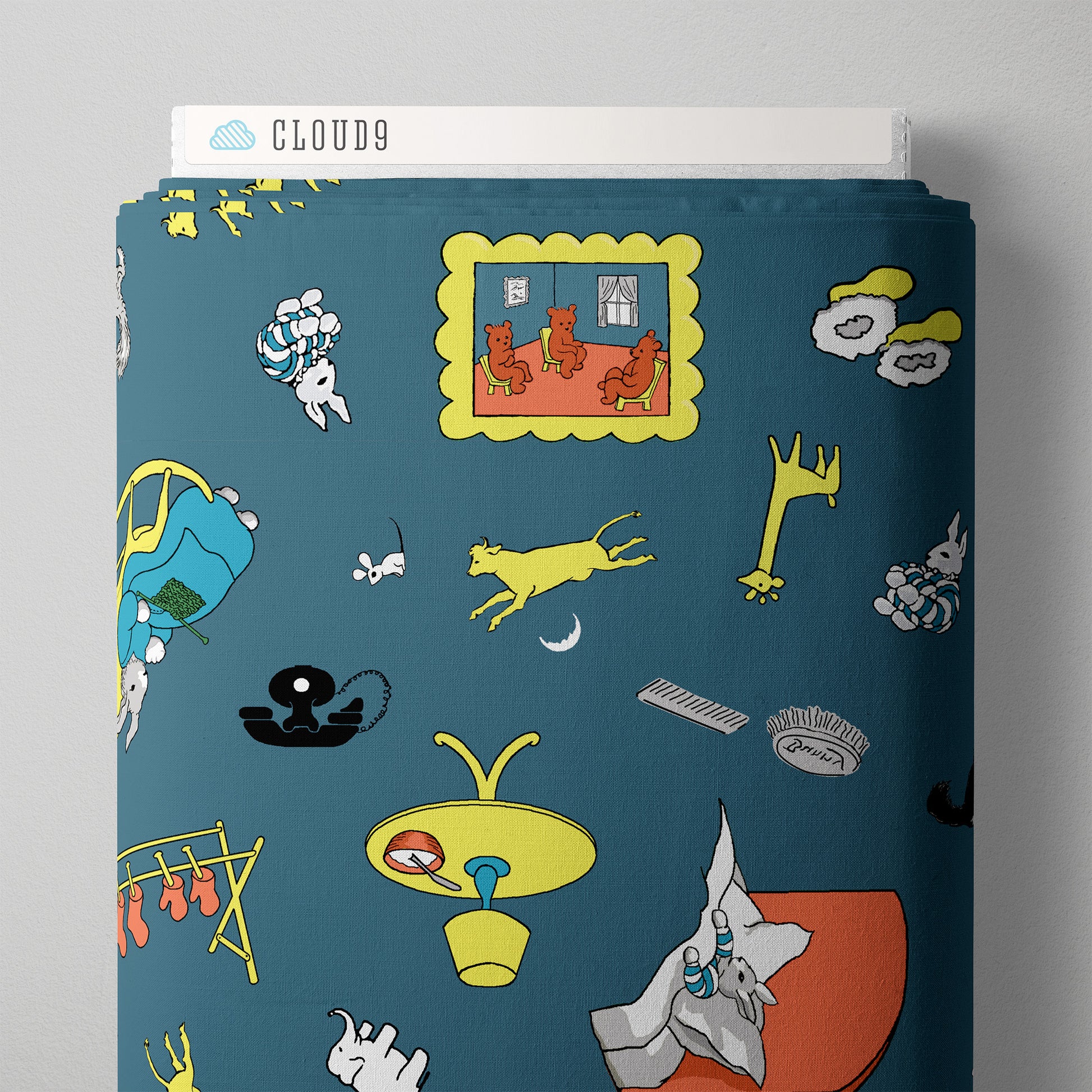 Goodnight-Moon-Teal-Tossed-Characters-Organic-Cotton-Fabric-Cloud-9MargaretWiseBrown2
