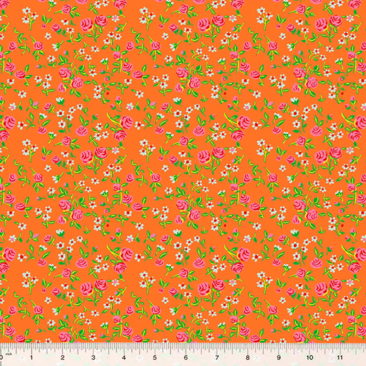 Heather Ross Windham Fabrics By Hand Mousy Floral 54255D-7 Tangerine