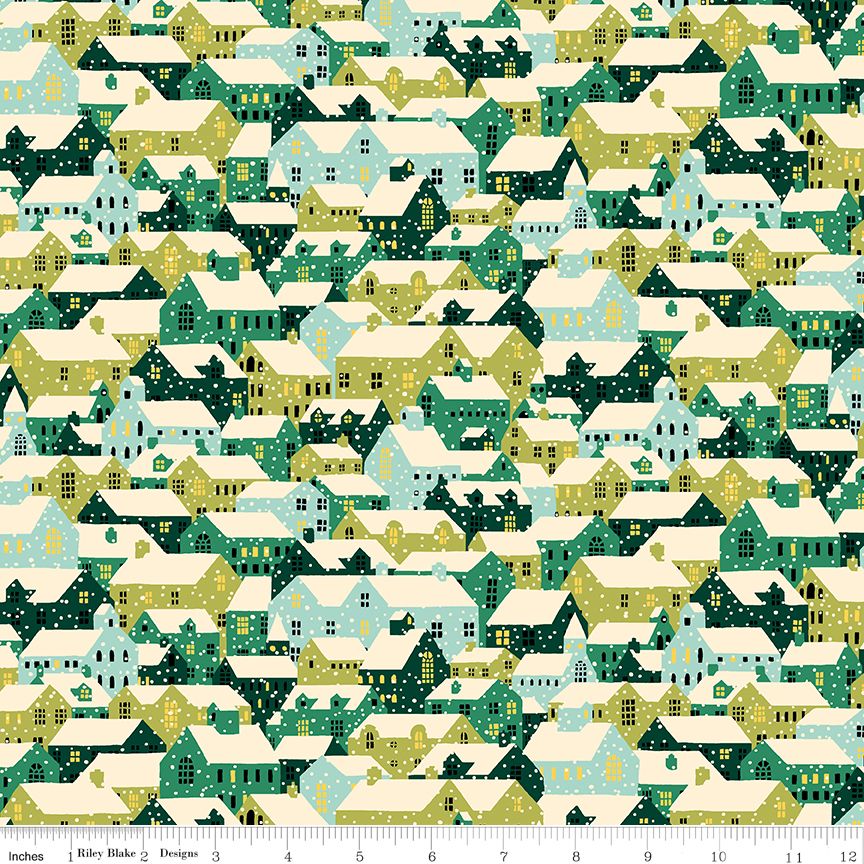 Liberty Fabrics Riley Blake Designs Festive Fair Snowy Rooftops Green 01667352A