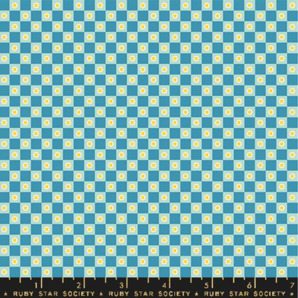 Ruby Star Society Moda Fabrics Animal Animal Flower Check Vintage Blue RS516915