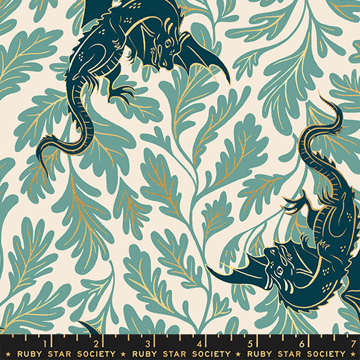 Sarah Watts Moda Fabrics Ruby Star Society Fireglow Dragon Lair RS2132 13M Metallic Watercress