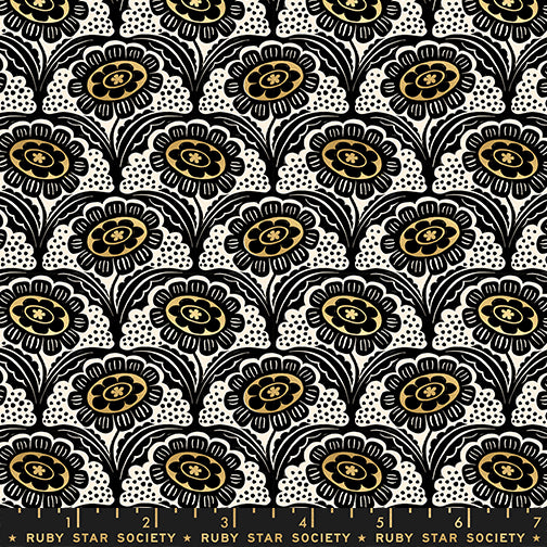 Sarah Watts Ruby Star Society Moda Fabrics Ink Shop Scallop Flower RS2140 14M Gold Metallic