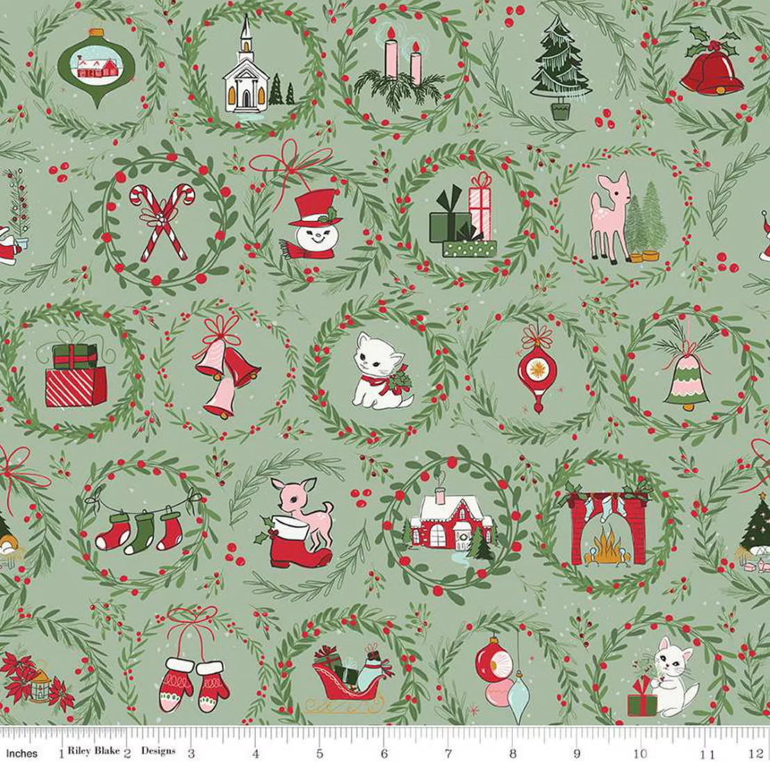 Beverly McCullough Riley Blake Fabrics Mistletoe and Holly Wreaths C16401-SAGE