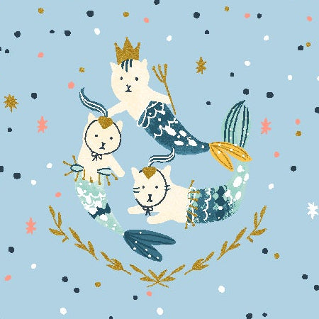 Calli and Co. Cotton + Steel RJR Fabrics Long Time No Sea Mermaid Hair, Don't Care Where the Ocean Meets the Sky Metallic CC702-WT1M