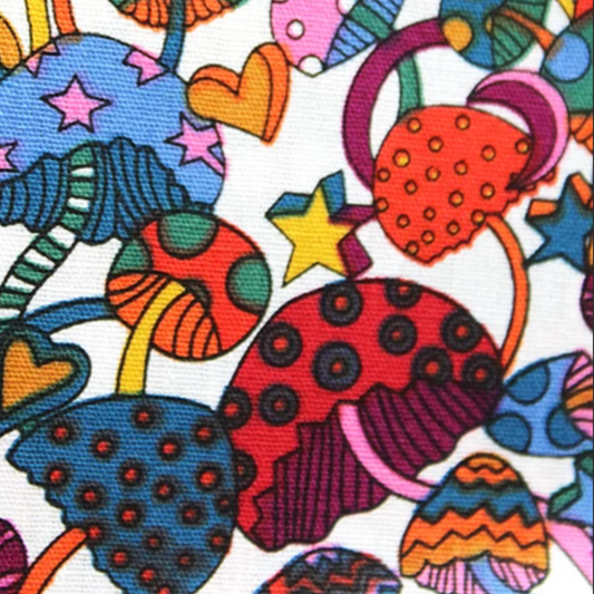European Import Cotton Poplin Groovy Mushrooms Red Pink 1396