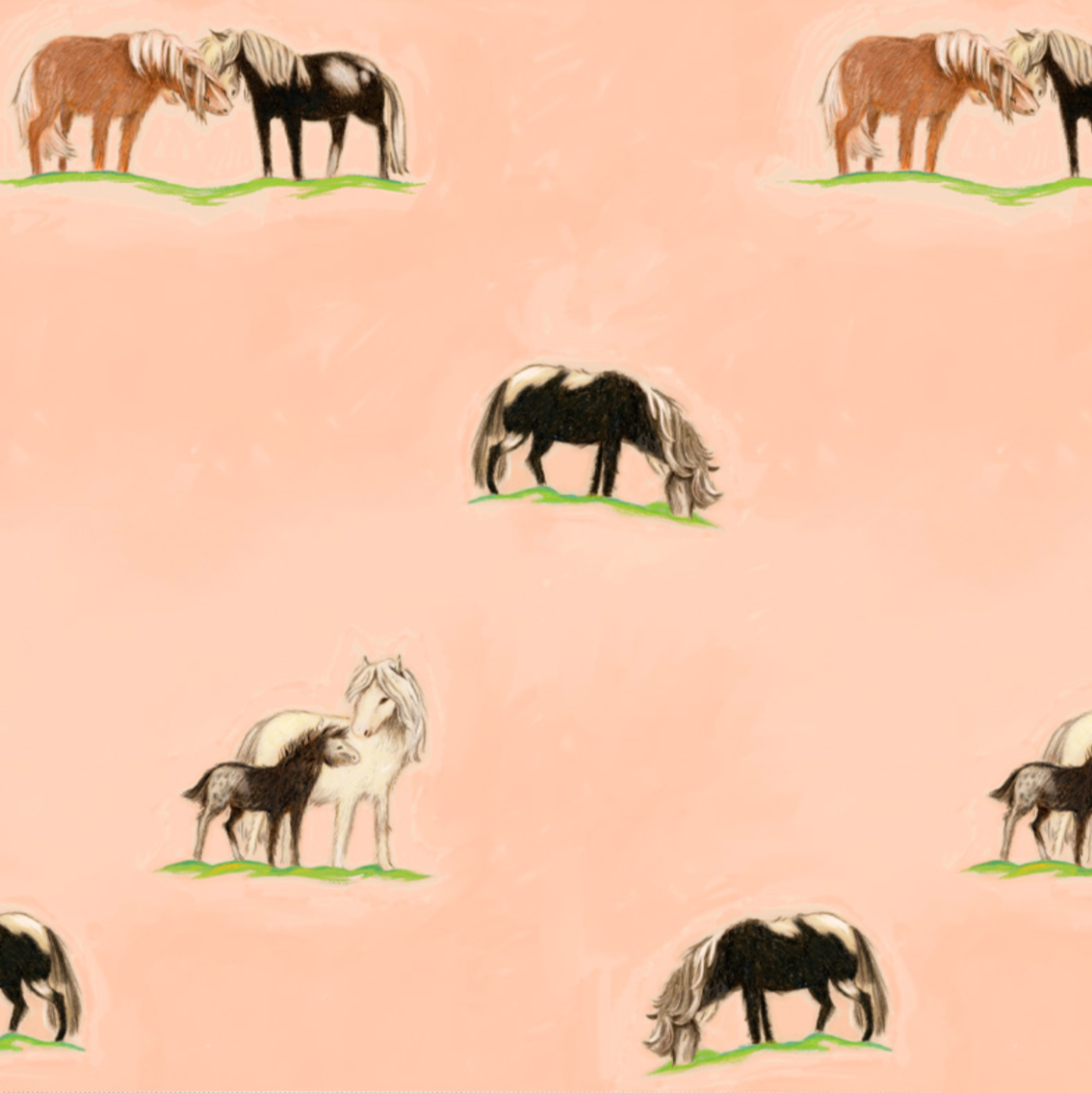 Heather Ross By Hand Ponies Peach Cotton 54253D-4