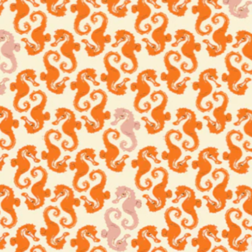 Heather Ross Windham Fabrics 20th Anniversary Sea Horses Cream Orange