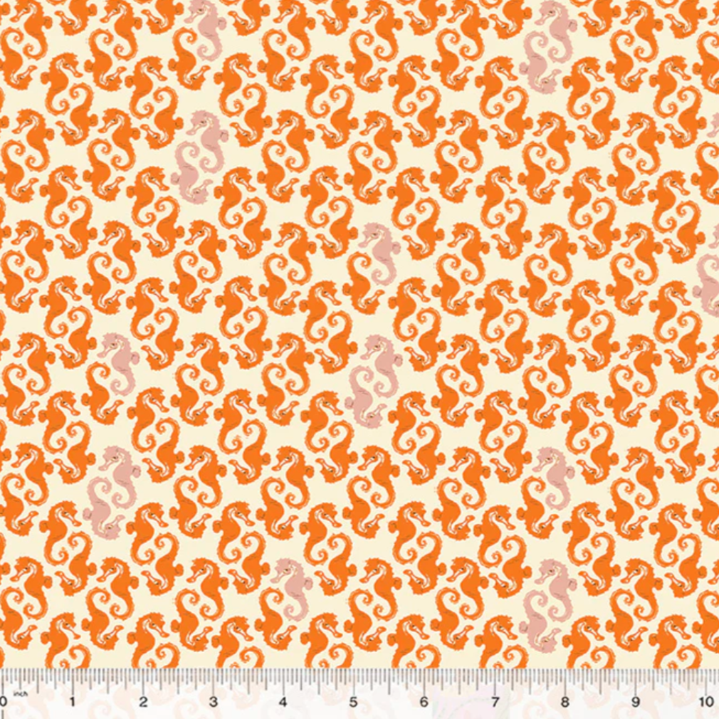 Heather Ross Windham Fabrics 20th Anniversary Sea Horses Cream Orange