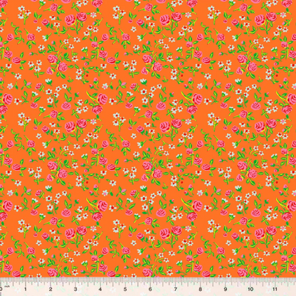 Heather Ross Windham Fabrics By Hand Mousy Floral 54255D-7 Tangerine