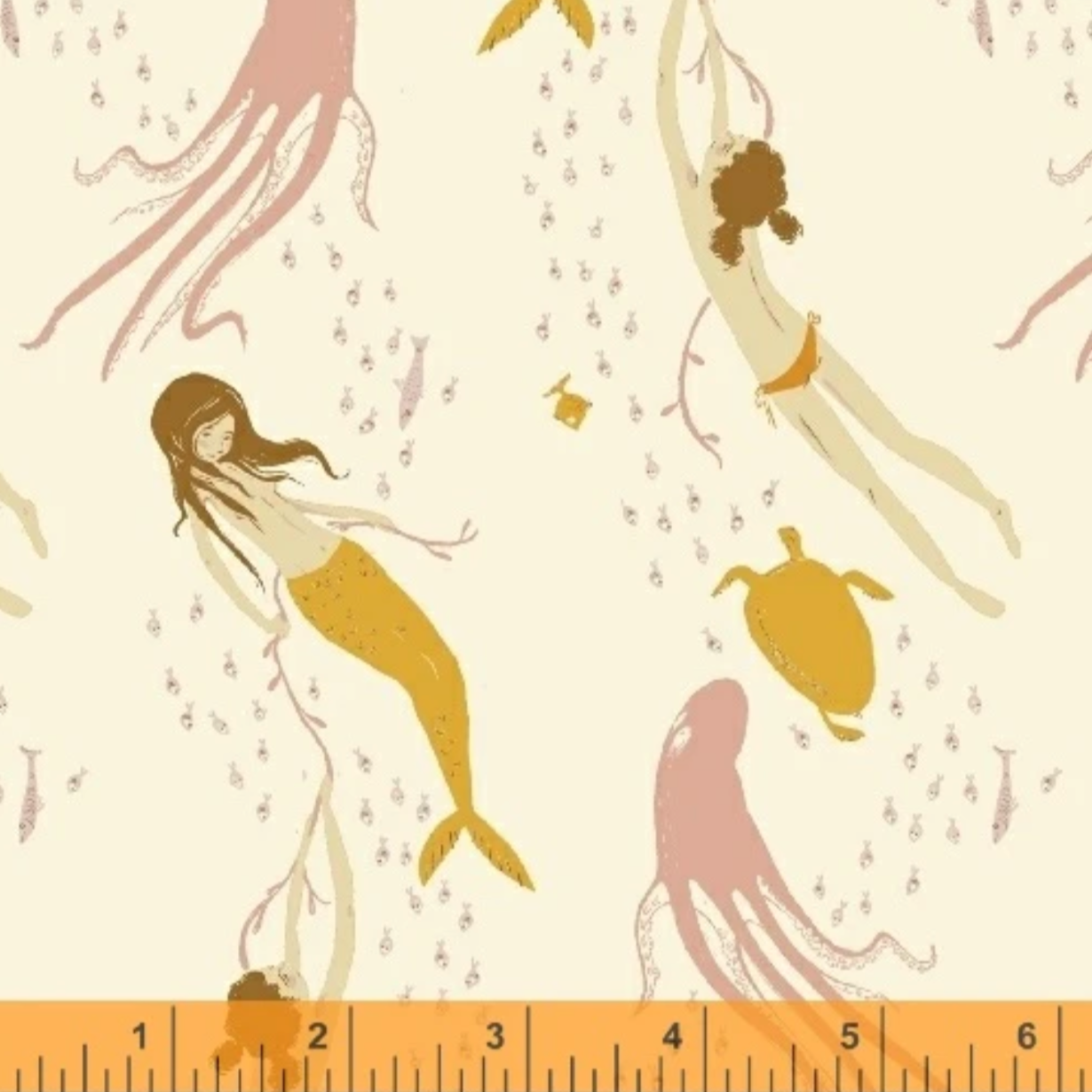 Heather Ross Windham Fabrics Mendocino Mermaids Ivory/Pink 40943-11