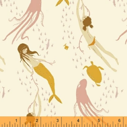 Heather Ross Windham Fabrics Mendocino Mermaids Ivory/Pink 40943-11