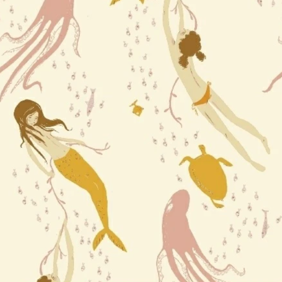 Heather Ross Windham Fabrics Mendocino Mermaids Ivory/Pink 40943-11