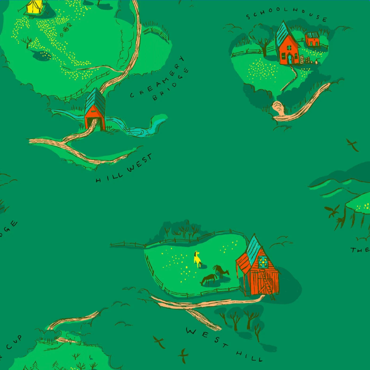 Heather Ross Windham Fabrics West Hill Buttercup Map Grass Green 52873-2