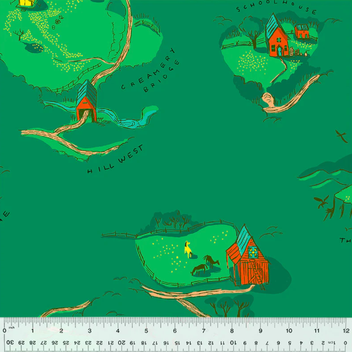 Heather Ross Windham Fabrics West Hill Buttercup Map Grass Green 52873-2