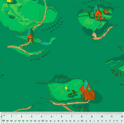 Heather Ross Windham Fabrics West Hill Buttercup Map Grass Green 52873-2