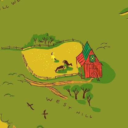 Heather Ross Windham Fabrics West Hill Buttercup Map Green 52873-3