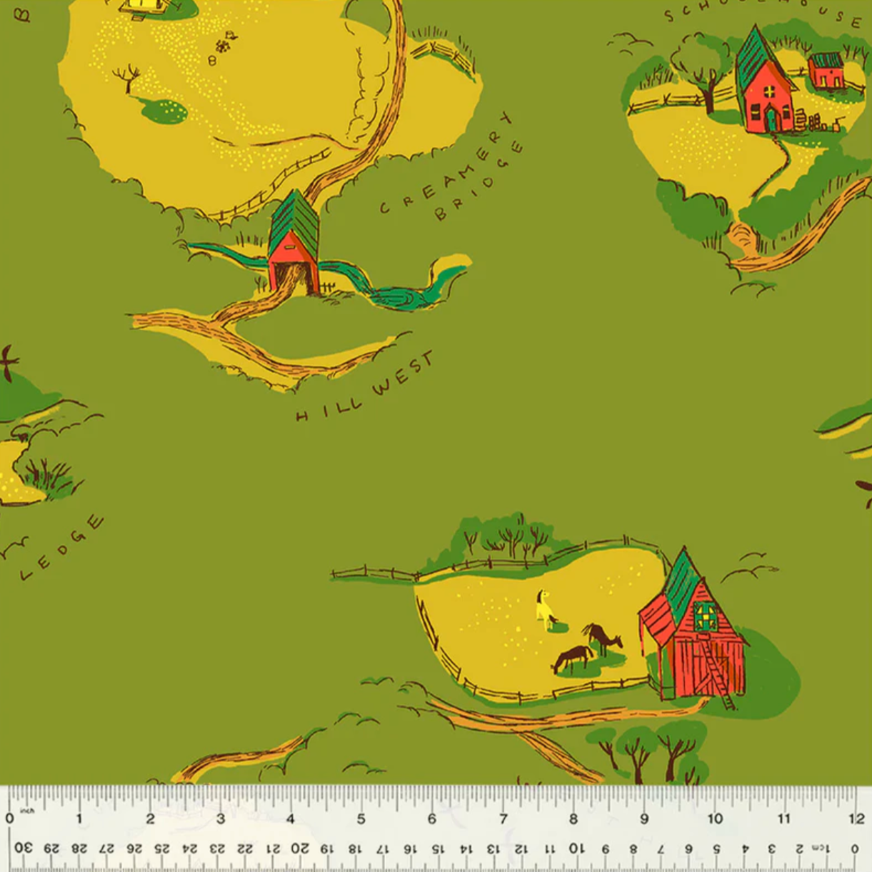 Heather Ross Windham Fabrics West Hill Buttercup Map Green 52873-3