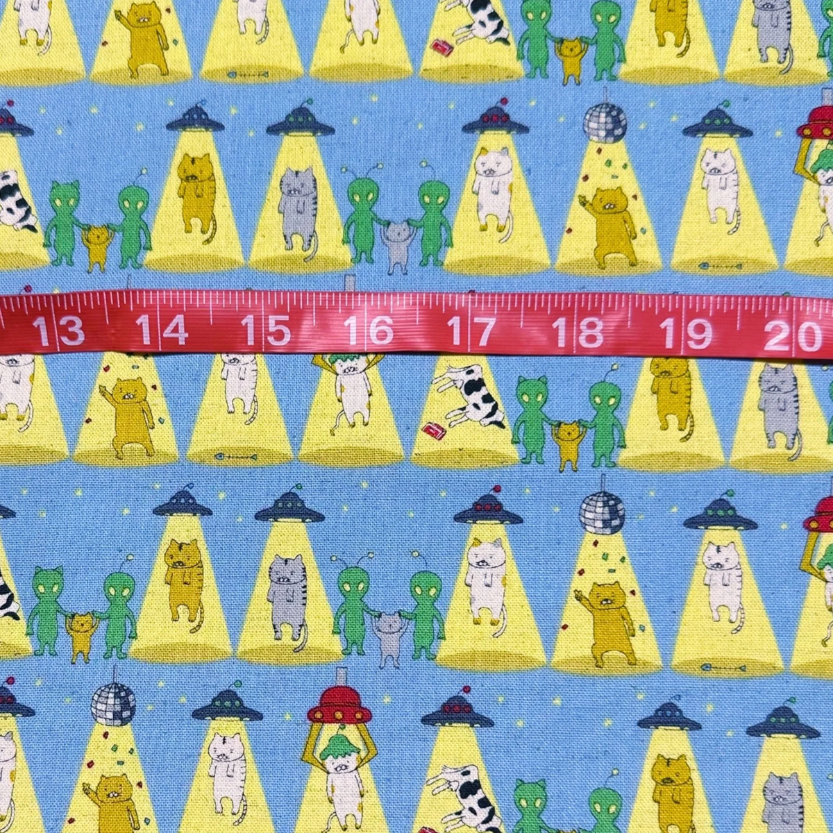 Kitty_Cats_Alien_Abduction_Canvas_Fabric_in_Blue_-_Cotton_Linen_Blend_by_Cotton_Kobayashi
