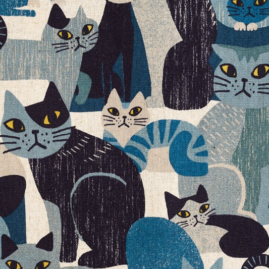 Kokka Japanese Fabrics Art Animal Cats Cotton Linen Canvas Blue YGA-91060-1A