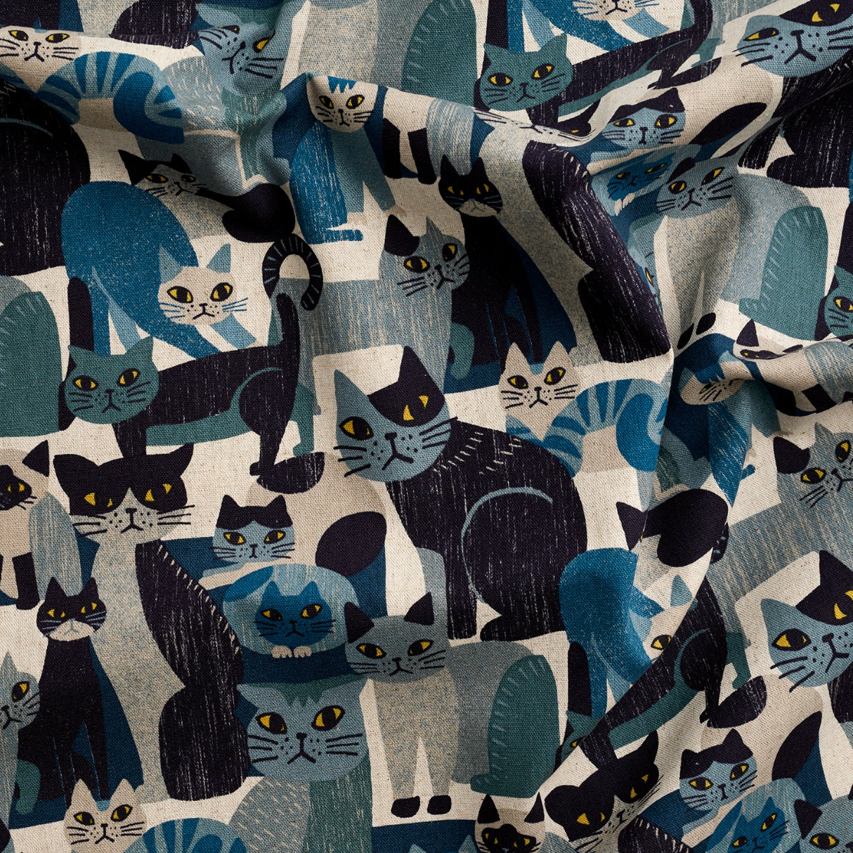 Kokka Japanese Fabrics Art Animal Cats Cotton Linen Canvas Blue YGA-91060-1A