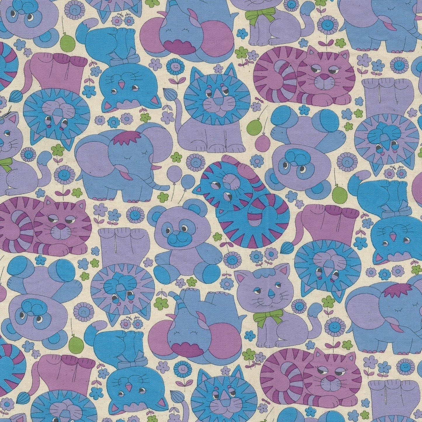 Kokka Japanese Import Fabrics Retro School Animals Ivory Purple Oxford YKA-39000-1B
