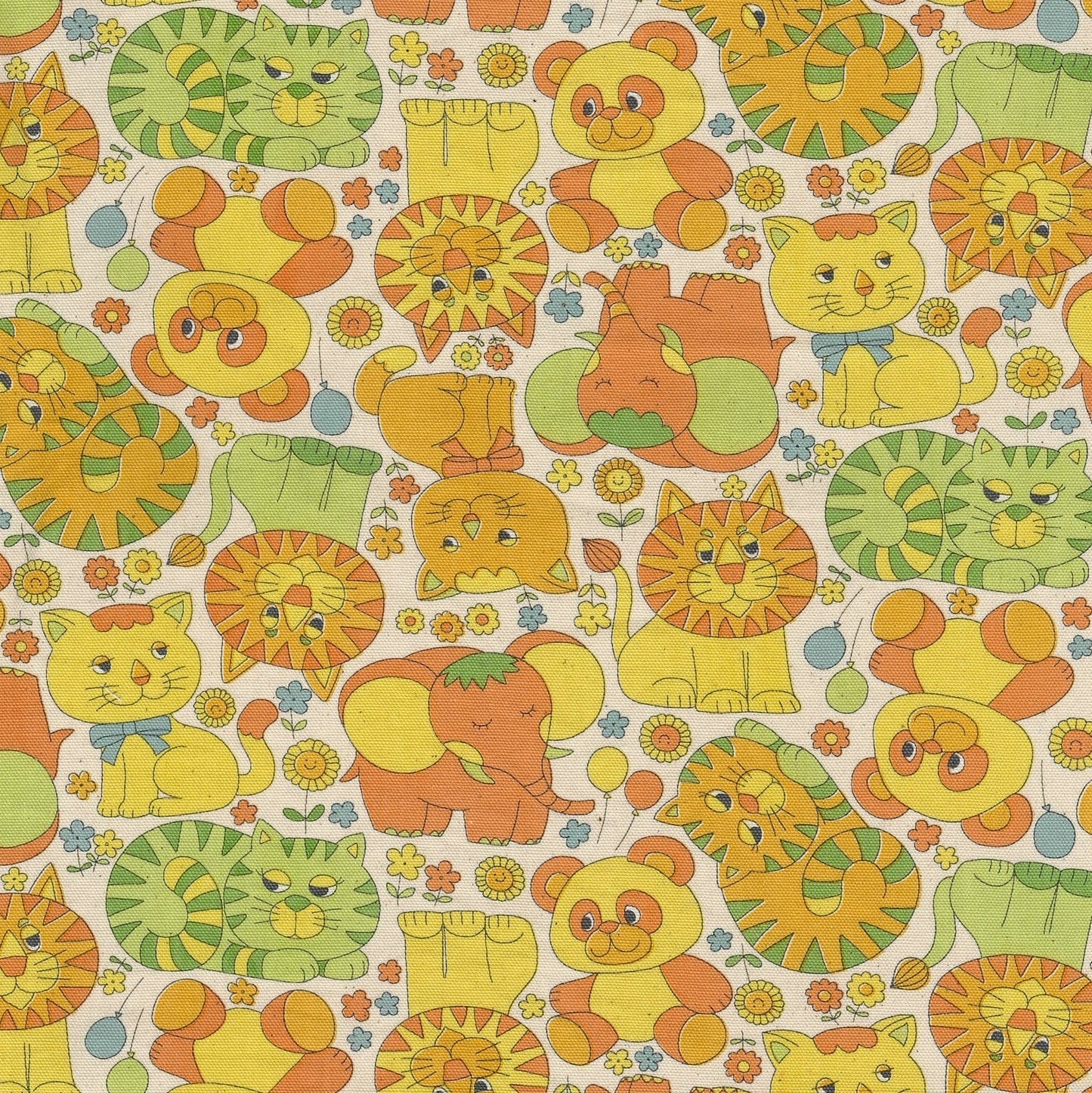 Kokka Japanese Import Fabrics Retro School Animals Ivory Yellow Oxford YKA-39000-1A
