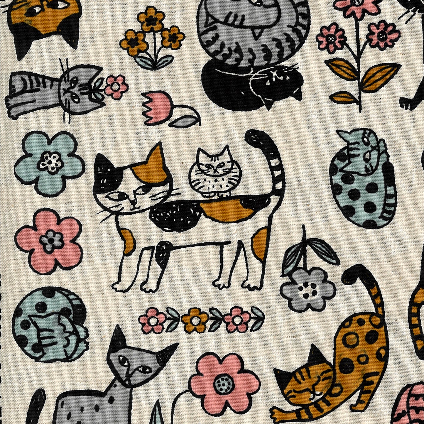 Kokka Japanese Import Fabrics Scandinavian Style Cats Canvas Ivory YGA-89070-1A