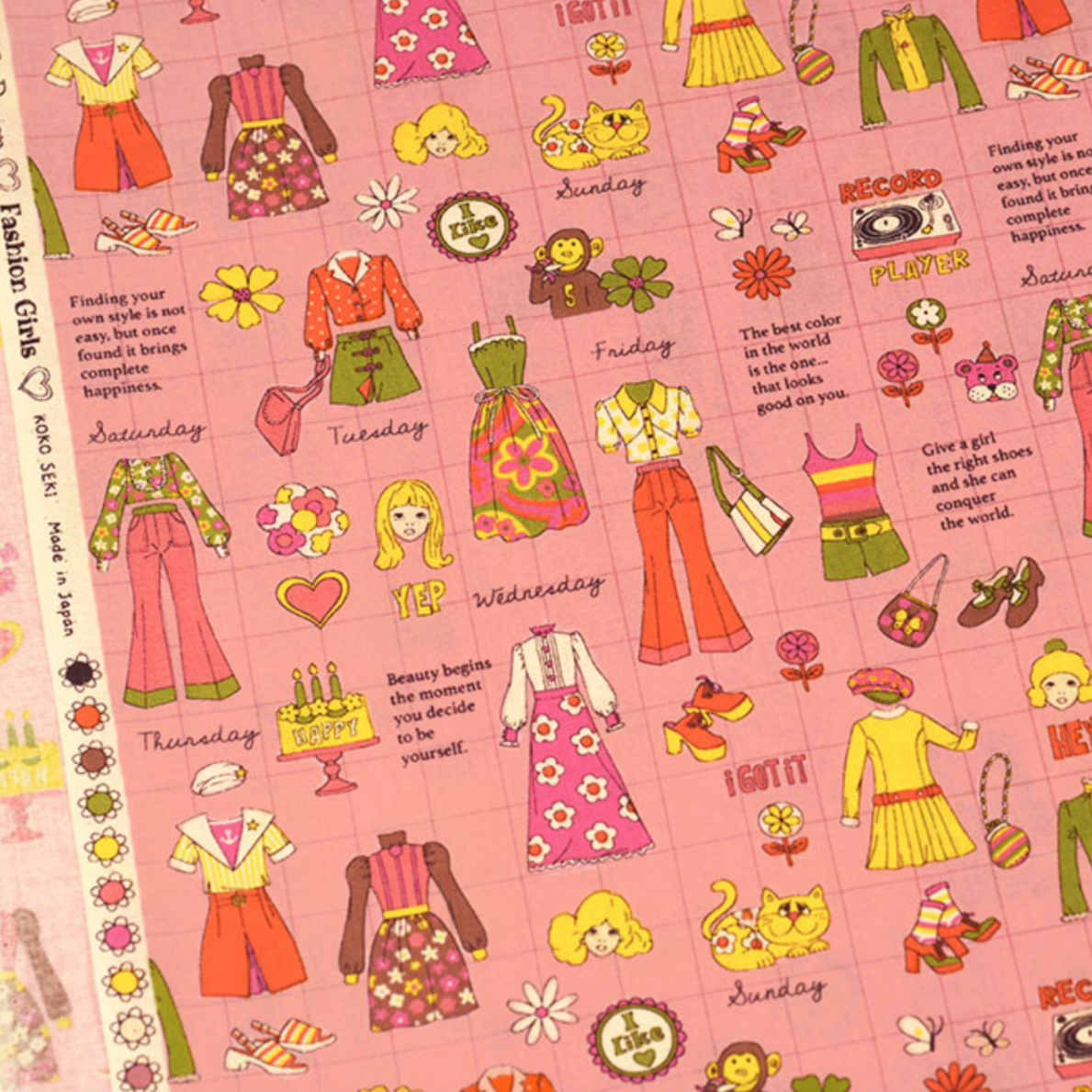 Koko Seki Japanese Import Fabric 70s Design Flower Days Fashion Catalog Pink