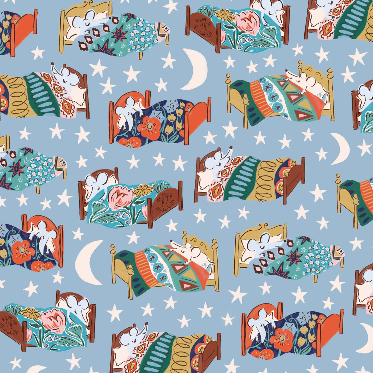 Louise Cunningham Cloud9 Organic Fabrics House Mouse Bedtime Blue 228739