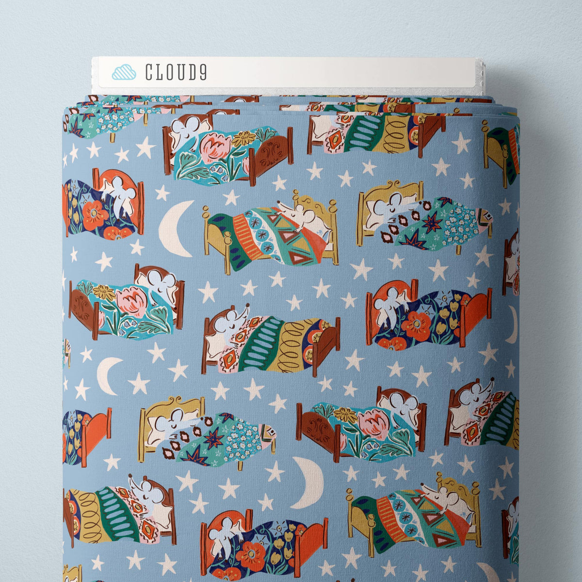 Louise Cunningham Cloud9 Organic Fabrics House Mouse Bedtime Blue 228739