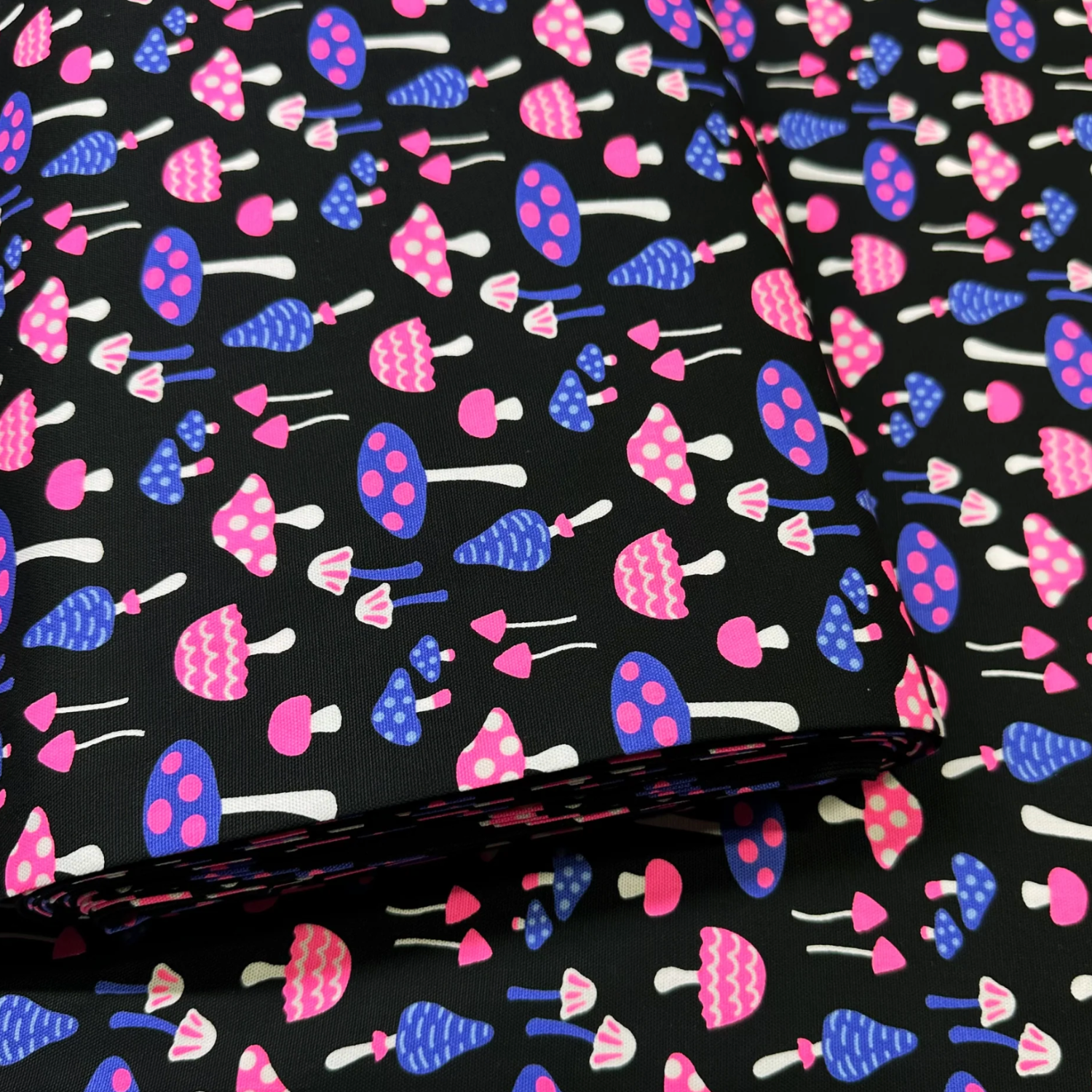 Mushrooms Black Neon Pink Fabric Japanese Import