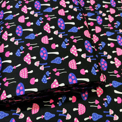 Mushrooms Black Neon Pink Fabric Japanese Import