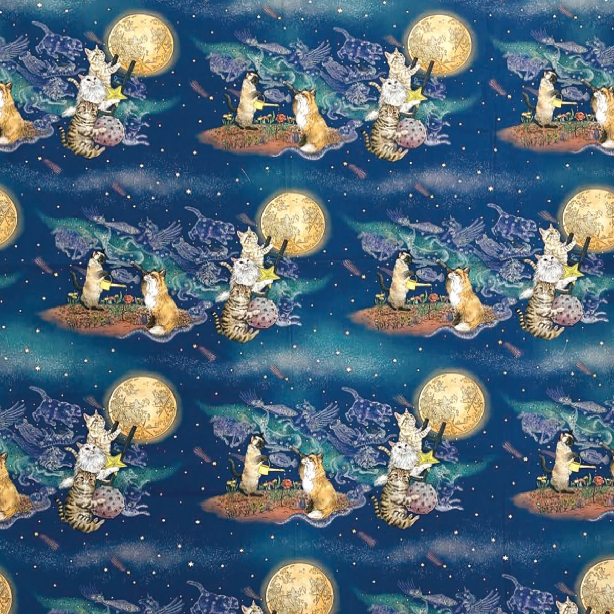 Orie Kawamura Kokka Japanese Import Fabric 365 Cat Art: Moonlight Cat EKX1710-1