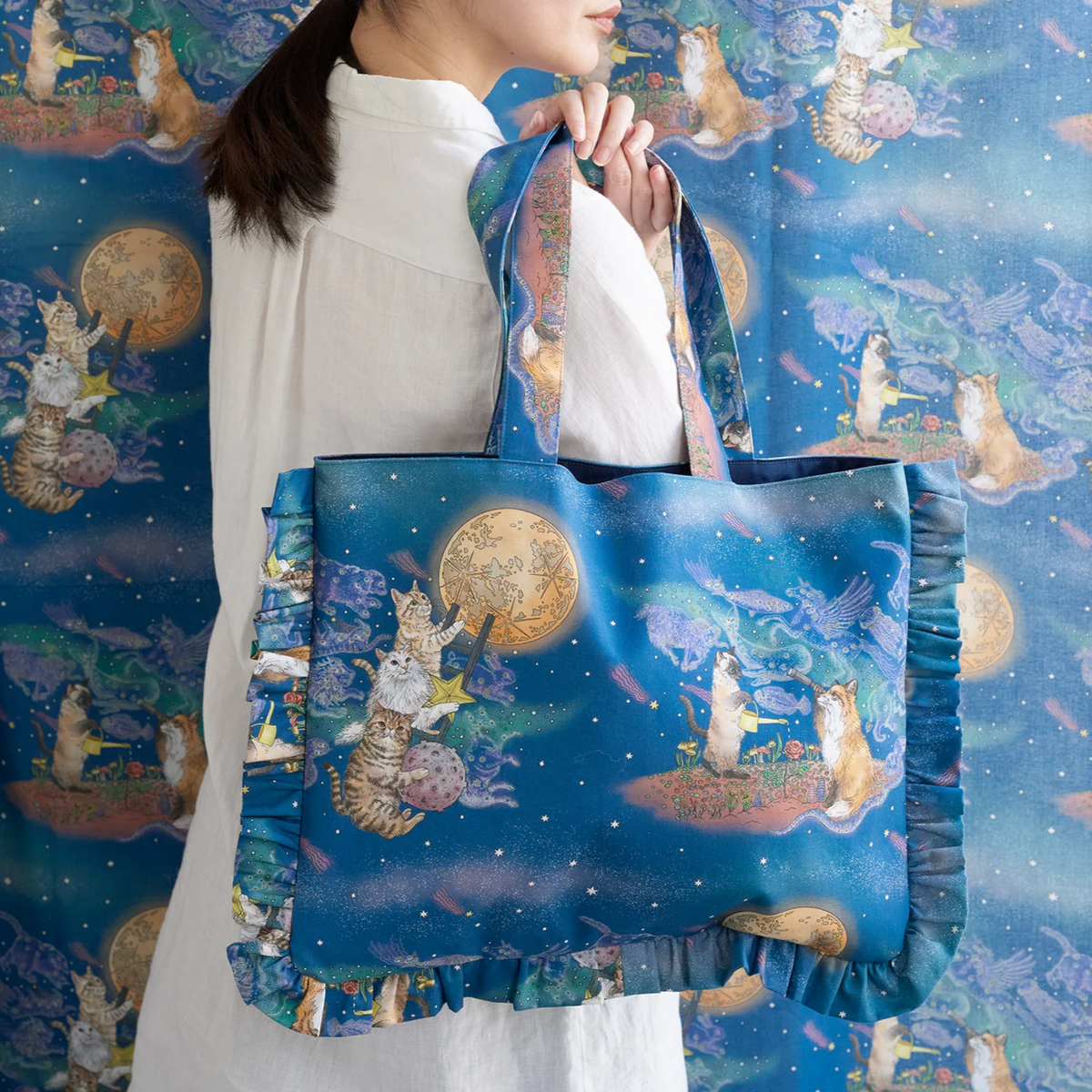 Orie Kawamura Kokka Japanese Import Fabric 365 Cat Art: Moonlight Cat EKX1710-1