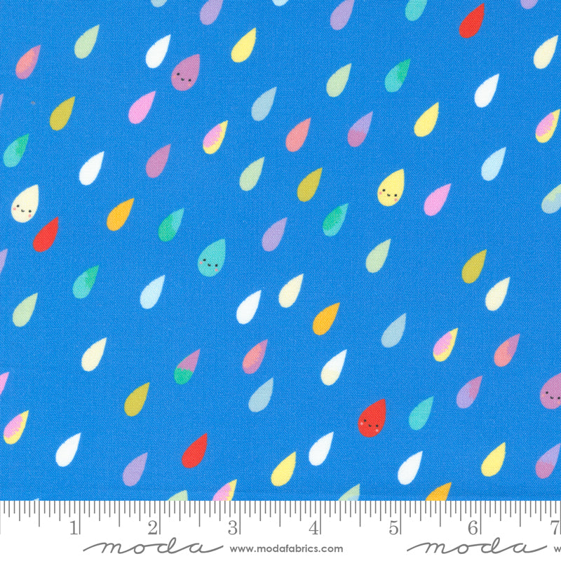 Paper + Cloth Moda Fabrics Whatever the Weather Rainbow Raindrops 25141 13 Bright Sky