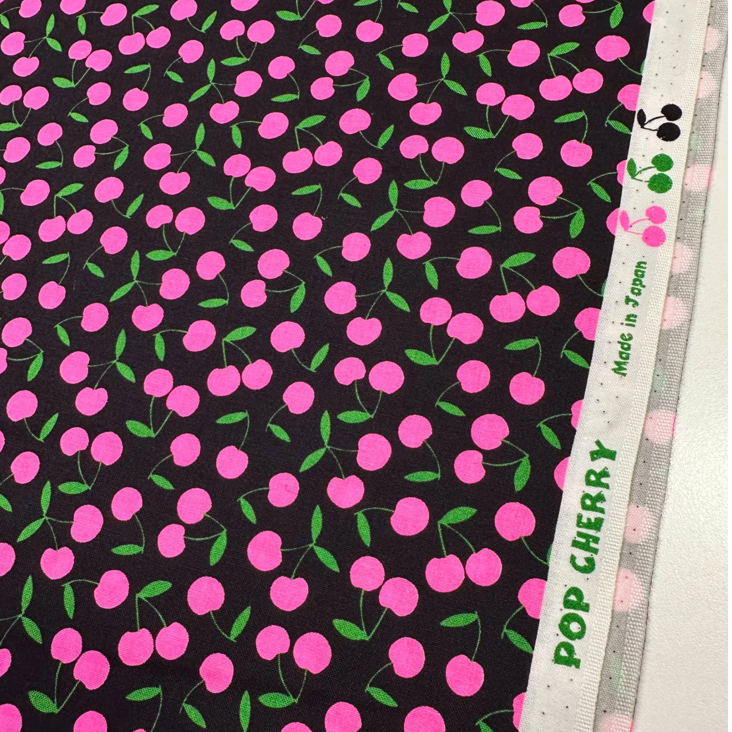 Pop Cherry Black Neon Pink Fabric Japanese Import