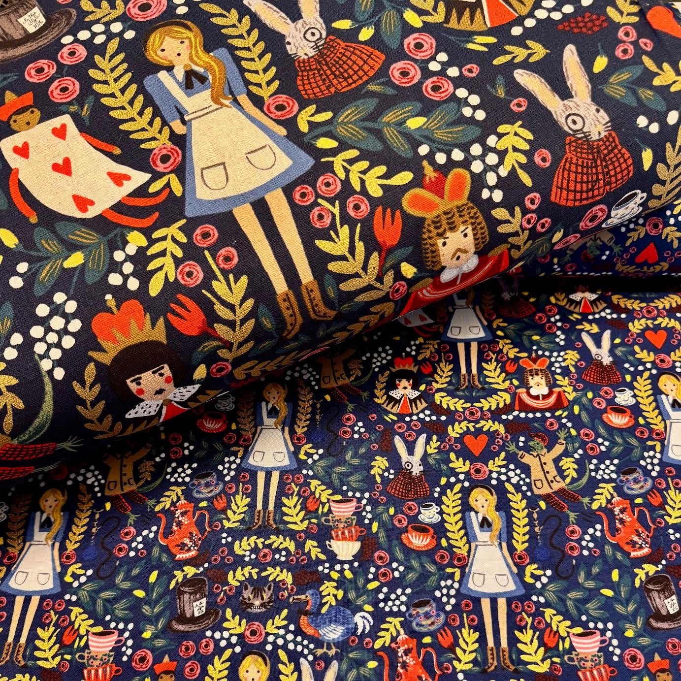 Rifle Paper Co. RJR Fabrics Alice in Wonderland Navy Metallic Canvas AB8025-12