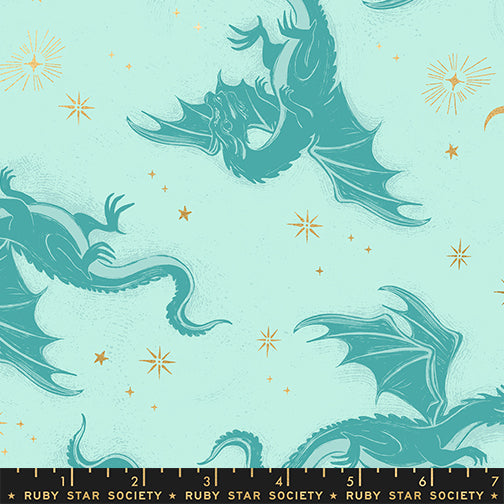 Sarah Watts Moda Fabrics Ruby Star Society Fireglow Etched Dragons RS2131 13M Metallic Mint