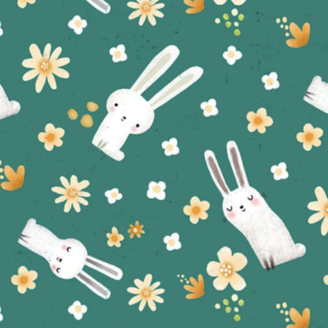 Terry Runyan Benartex Fabrics Into The Woods Meadow Bunny 1330184 Teal