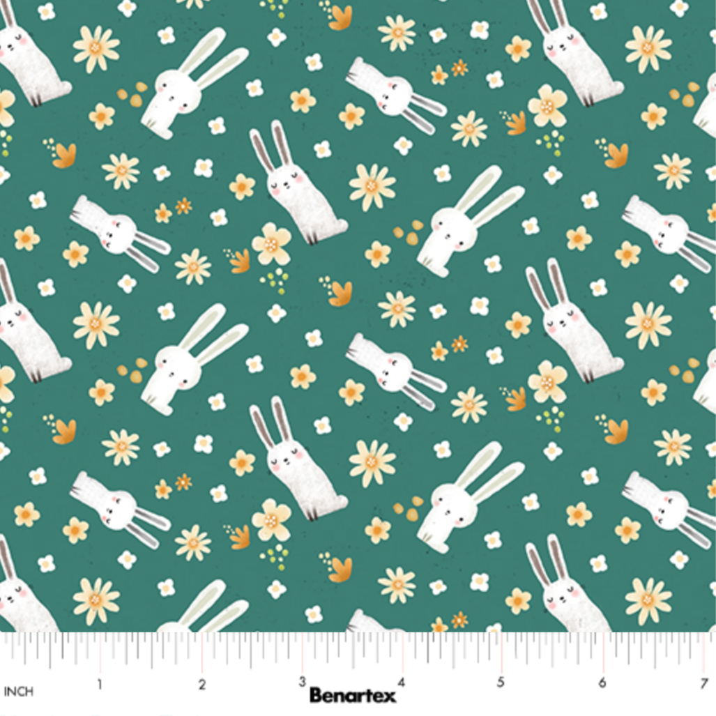 Terry Runyan Benartex Fabrics Into The Woods Meadow Bunny 1330184 Teal