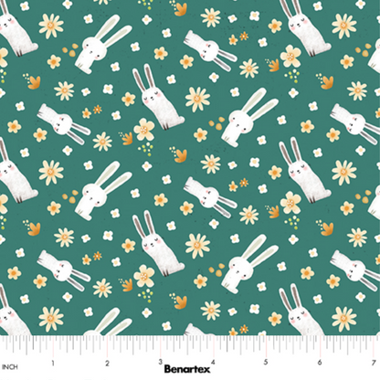 Terry Runyan Benartex Fabrics Into The Woods Meadow Bunny 1330184 Teal