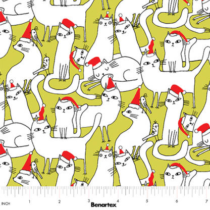 Terry Runyan Benartex Fabrics Meowy Christmas Cats in Hats Lime 16233-44